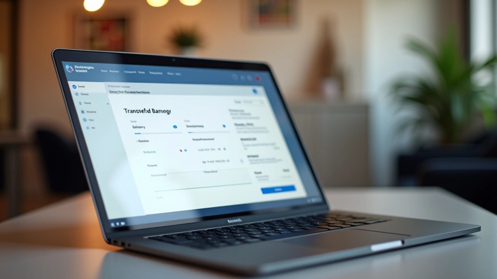 Počítač s mobilní aplikací banky a formulářem pro převod peněz