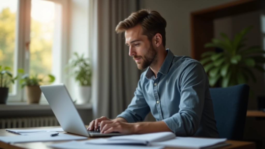 Osoba v domácím kancelu pracující na notebooku s finančními dokumenty