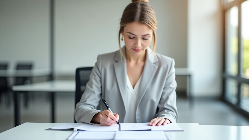 Žena se soustředěně rozhoduje mezi dvěma dokumenty na pracovním stole
